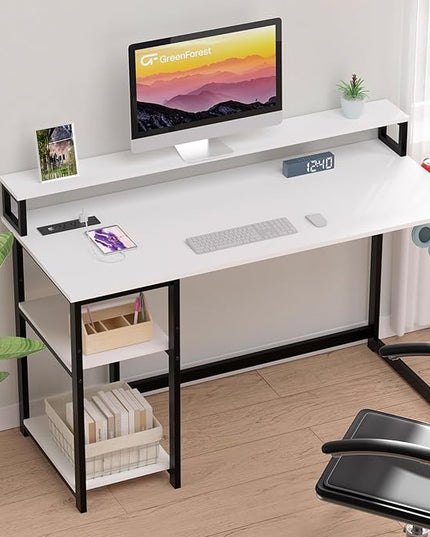 GreenForest Computer Desk with USB Charging Port and Power Outlet, Reversible Home Office Desk with Monitor Stand Storage Shelves for Small Space,47 in Work Desk with Cup Holder Hook,White - LeafyLoom