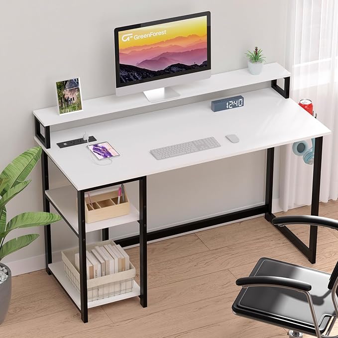 GreenForest Computer Desk with USB Charging Port and Power Outlet, Reversible Home Office Desk with Monitor Stand Storage Shelves for Small Space,47 in Work Desk with Cup Holder Hook,White - LeafyLoom