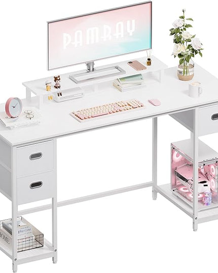 Pamray 55 Inch Computer Desk with Non-Woven Storage Drawers and Monitor Stand Home Office Desk for Bedroom Study Table Writing and Work Desk White - LeafyLoom