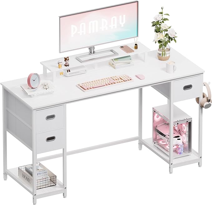 Pamray 55 Inch Computer Desk with Non-Woven Storage Drawers and Monitor Stand Home Office Desk for Bedroom Study Table Writing and Work Desk White - LeafyLoom