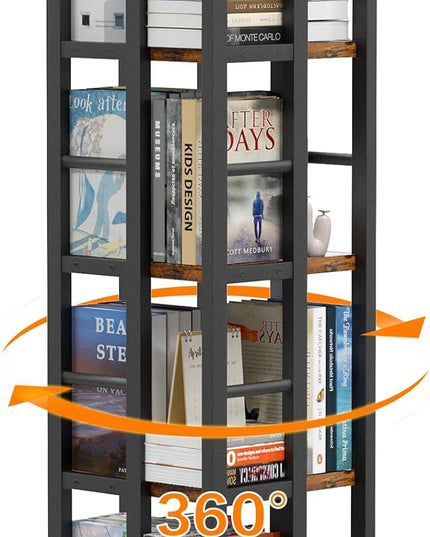 EasyCom Rotating Bookshelf with Metal Frame, 360 Display Wood Revolving Bookcase, 4-Tier Corner Bookshelf with Storage, Floor Standing Spinning Bookshelf for Living Room, Office, Brown - LeafyLoom