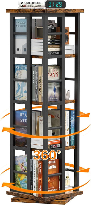 EasyCom Rotating Bookshelf with Metal Frame, 360 Display Wood Revolving Bookcase, 4-Tier Corner Bookshelf with Storage, Floor Standing Spinning Bookshelf for Living Room, Office, Brown - LeafyLoom