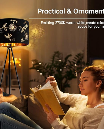 BoostArea Flower Tripod Floor Lamp, Mid Century, 8W LED Bulb, Decorative Lamp Shade, Black Metal Pole, Suitable for Living Room, Bedroom, Study, Office - LeafyLoom