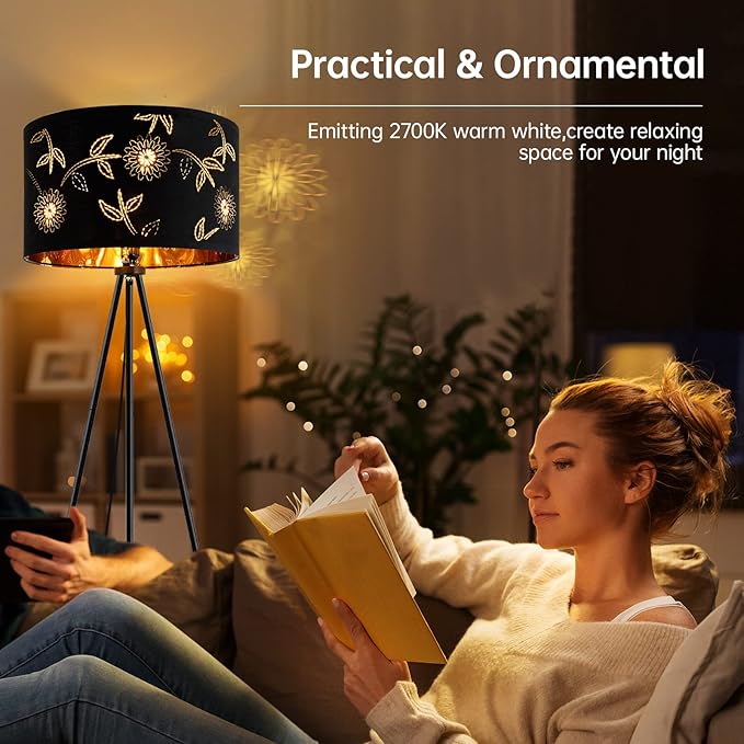 BoostArea Flower Tripod Floor Lamp, Mid Century, 8W LED Bulb, Decorative Lamp Shade, Black Metal Pole, Suitable for Living Room, Bedroom, Study, Office - LeafyLoom