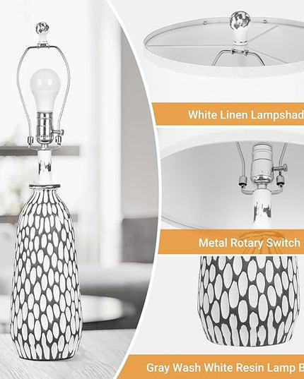 QiMH Modern Coastal Table Lamps for Bedroom Set of 2, Bedside Lamp with White Shade, Gray White Resin Nightstand Lamp for Living Room Home Lighting Decor,3-Color Temperature LED Bulbs Included - LeafyLoom