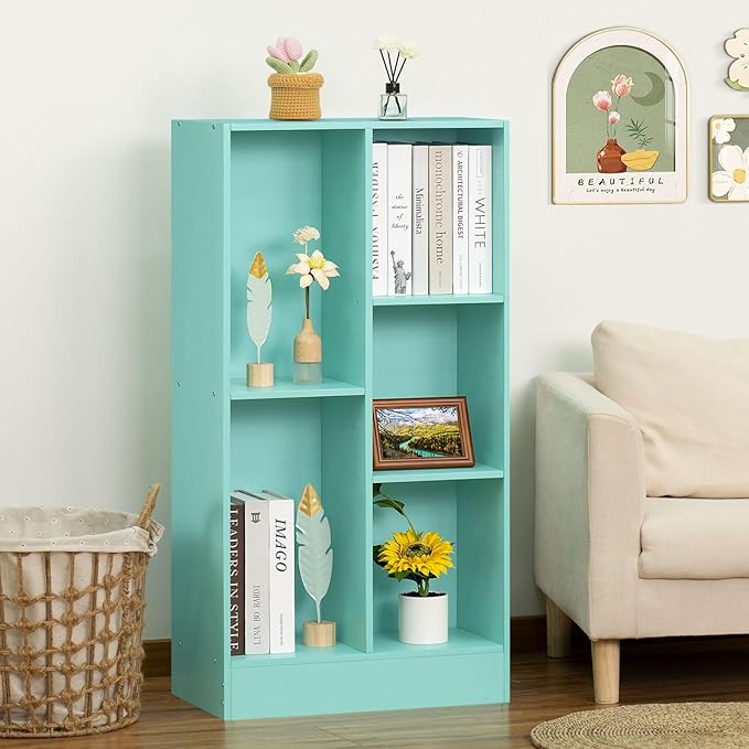 LEYAOYAO 5 Cube Bookshelf with Base,3 Tier Modern Mint-Green Kids Bookcase,Standing Wide Bookshelves Storage Organizer Toy Shelf,Wood Display Children's Book Shelves for Bedroom,Living Room,Nursery - LeafyLoom