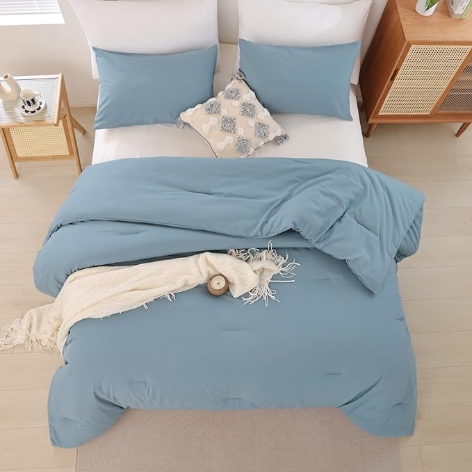 ROSGONIA California King Comforter Set Dusty Blue, 3pcs (1 Boho Cal King Comforter & 2 Pillowcases), All Season Bedding Bedspread Blanket Quilt - LeafyLoom