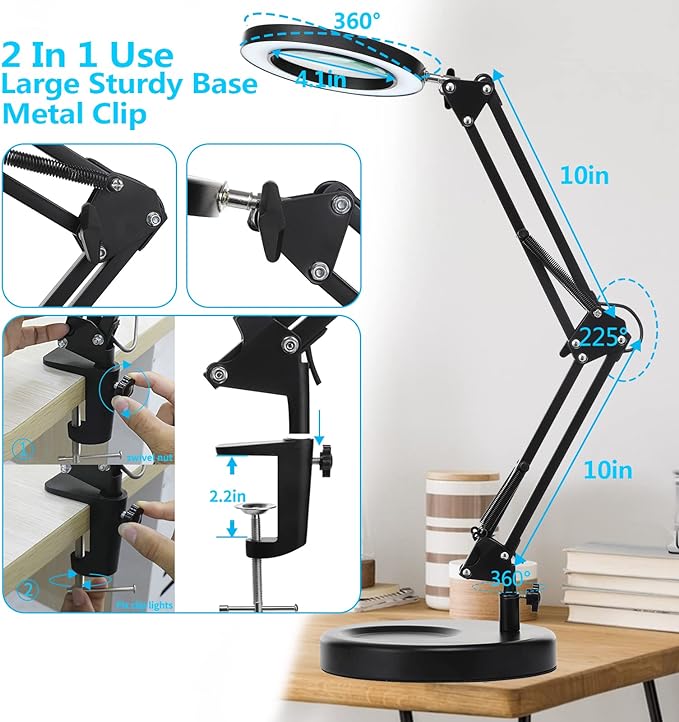 5X Magnifying Glass with Light and Stand, KIRKAS 2-in-1 Real Glass Lens Magnifying Desk Lamp with Clamp, 3 Color Modes, Stepless Dimmable Magnifier Light for Close Work Repair Reading Crafts- Black - LeafyLoom