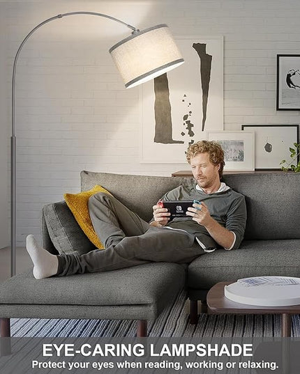 Arc Floor Lamp, Modern Floor Lamp for Living Room with Adjustable Lamp Head, Tall Pole Lamp with Gray Lampsahde and On/Off Pedal Switch, Over Couch Reading Light for Bedroom, Office, Study Room - LeafyLoom