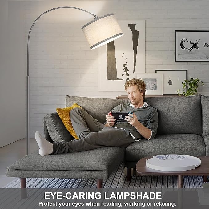 Arc Floor Lamp, Modern Floor Lamp for Living Room with Adjustable Lamp Head, Tall Pole Lamp with Gray Lampsahde and On/Off Pedal Switch, Over Couch Reading Light for Bedroom, Office, Study Room - LeafyLoom