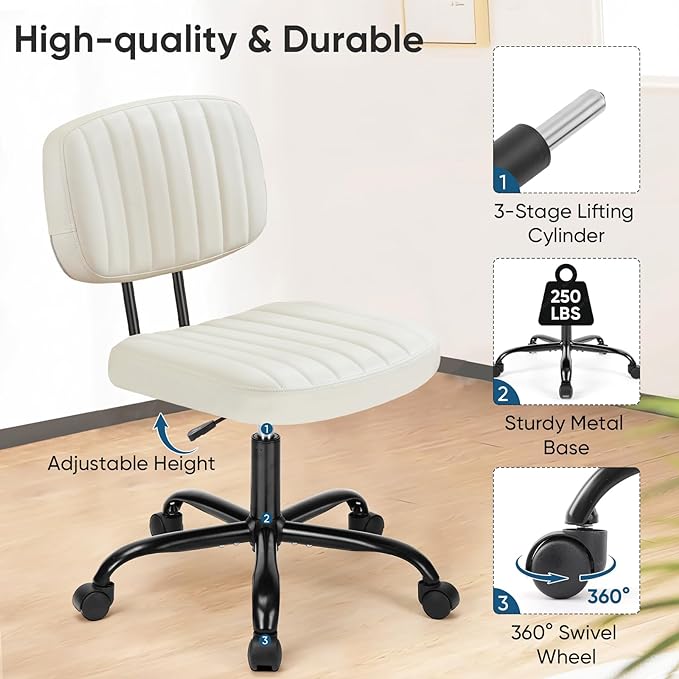 DUMOS Armless Home Office Chair Ergonomic Desk with Comfy Low Back Lumbar Support, Height Adjustable PU Leather Computer Task with 360° Swivel Wheels, for Small Space, Kids and Adults, Beige White - LeafyLoom