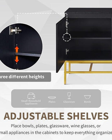 39.4" Minimalist & Luxury Two Door Sideboard with Gold Metal Legs,Freestandin Storage Buffet Cabinet,w/Adjustable Shelves,for Living, Dining Room,Entrance Passage,Black - LeafyLoom