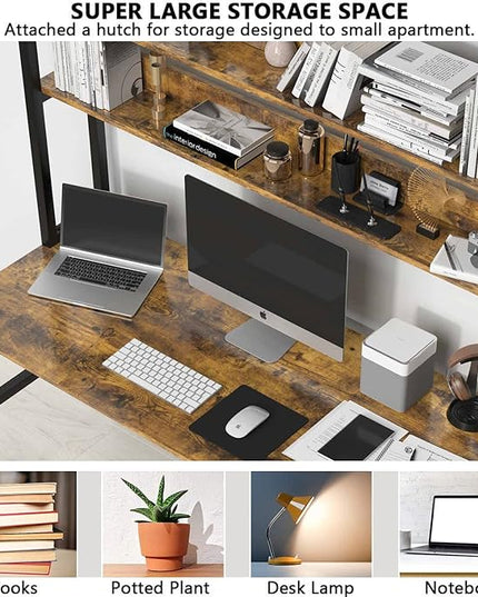 Aquzee Computer Desk with Hutch Bookshelves, 55 Inch Home Office Writing Desk with Space Saving Design, Gaming Table Organized Desk with Storage Shelves Bookshelf Easy Assemble, Rustic Brown - LeafyLoom
