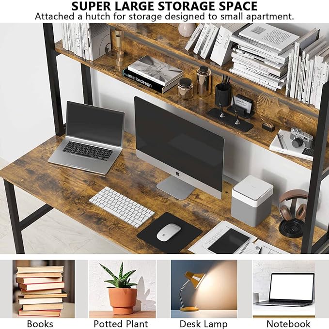 Aquzee Computer Desk with Hutch Bookshelves, 55 Inch Home Office Writing Desk with Space Saving Design, Gaming Table Organized Desk with Storage Shelves Bookshelf Easy Assemble, Rustic Brown - LeafyLoom