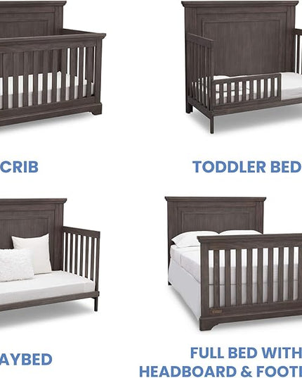 Simmons Kids SlumberTime Paloma 4-in-1 Convertible Crib, Rustic Grey + Serta Perfect Slumber Dual Sided Recycled Fiber Core Crib and Toddler Mattress (Bundle) - LeafyLoom