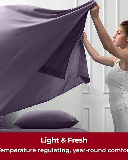 Mellanni California King Sheets Set - 4 PC Iconic Collection Bedding Sheets & Pillowcases - Hotel Luxury, Extra Soft, Cooling Bed Sheets - Deep Pocket up to 16 inch (Cal King, Purple) - LeafyLoom