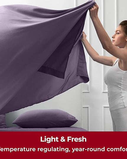 Mellanni Split King Sheets Set - 7 PC Iconic Collection Bedding Sheets & Pillowcases - Ultra Soft, Cooling Bed Sheets - Deep Pocket up to 16 inch - 7 PC (Split King, Purple w/Extra Pillow Cases) - LeafyLoom