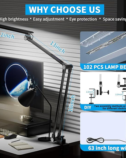 Space Saving LED Desk Lamps,Touch Adjustment 10 Color Temperatures &10 Brightness Eye-Caring Modes, Swing Arm Desk Light with Clamp，Lamp for Home Office 360° Spin Memory Function-Metallic Black - LeafyLoom