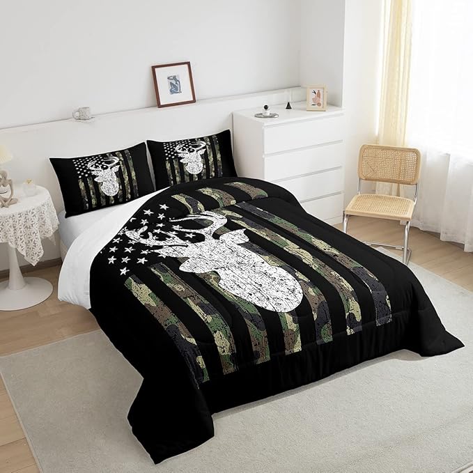 American Flag Comforter Set,Deer Hunting Down Comforter King,Army Green Military Camo Bedding Set For Boys Teens Kids Man,Western Farmhouse Stars Stripes Bedding Quilt Set Bedroom Decor 3 Pcs - LeafyLoom