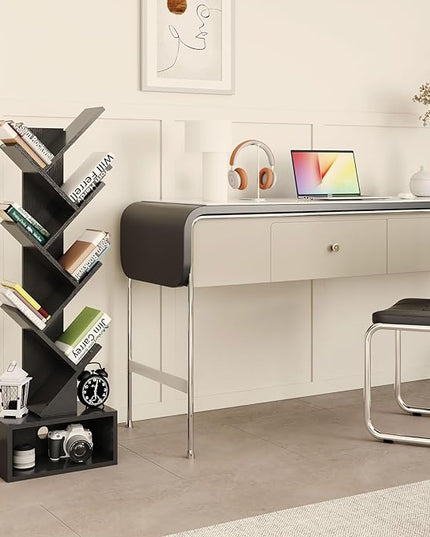 YMYNY 6 Tier Tree Bookshelf, Tall Bookcase, Wood Book Storage Rack with Drawer, Modern Floor Standing Book Shelf for Books/Movies/CDs, Utility Organizer for Living Room, Home Office, Black UHBC016B - LeafyLoom