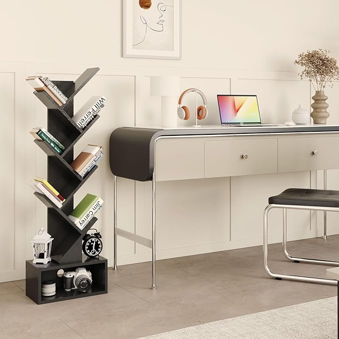 YMYNY 6 Tier Tree Bookshelf, Tall Bookcase, Wood Book Storage Rack with Drawer, Modern Floor Standing Book Shelf for Books/Movies/CDs, Utility Organizer for Living Room, Home Office, Black UHBC016B - LeafyLoom