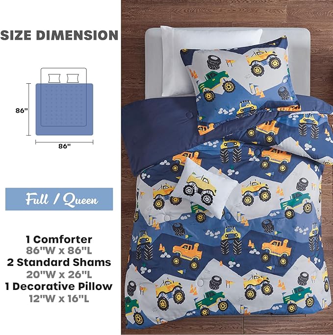 Mi Zone Kids Queen Comforter Set for Boys 4 Piece Monster Truck Comforter Set, Queen Bedding Set, Teen Microfiber Bed Set, Matching Shams, Embroidered Truck Throw Pillow, Full/Queen, Blue - LeafyLoom
