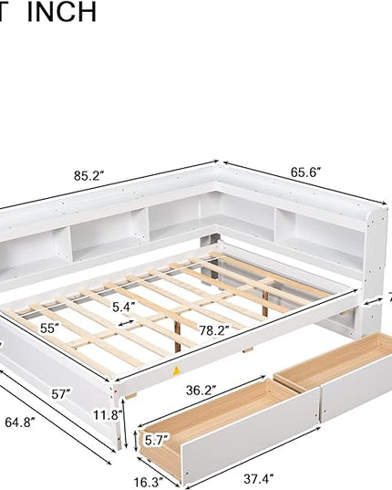 Full Size Bed with Storage Drawers and L-Shaped Bookcases, Wood Platform Bed Daybed Sofa Bed Frame with Headboard for Bedroom Living Room, White - LeafyLoom