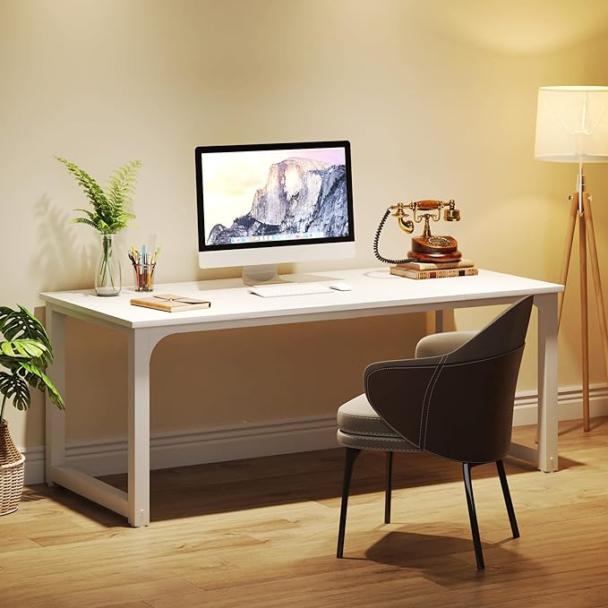 63 Inch Large Executive Computer office desk, White - LeafyLoom
