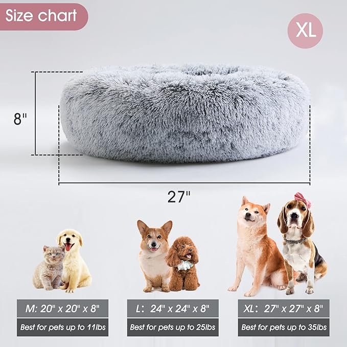 Donut Dog Cuddler Bed Calming, Anti-Anxiety, Warming Cozy Soft Dog Round Bed, Fluffy Faux Fur Plush Dog Cat Cushion bed for Small Medium Dogs and Cats (20"/24"/27"/30") WESTERNHOME