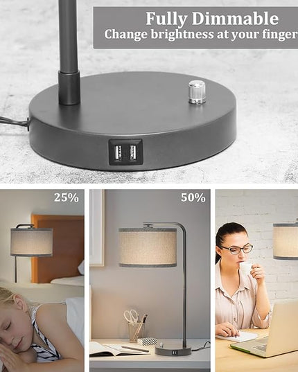 Gray Bedside Lamp with Dual USB Charging Ports, Fully Dimmable Modern Nightstand Lamp with Grey Fabric Shade, Tall Reading Lamp Desk Lamp for Bedroom Living Room Office with 3000K LED Bulb - LeafyLoom