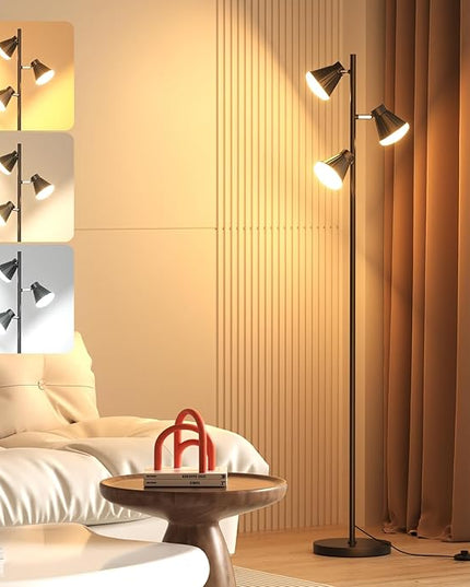 36W Integrated LED Tree Floor Lamp, Rotatable Modern 3 Light Standing Lamp with Foot Switch, Bright Reading Tall Lamp with 3 Color Temperatures, Black Stand up Lamp for Living Room, Bedroom, Office - LeafyLoom
