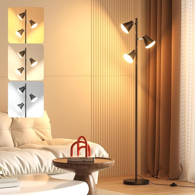 36W Integrated LED Tree Floor Lamp, Rotatable Modern 3 Light Standing Lamp with Foot Switch, Bright Reading Tall Lamp with 3 Color Temperatures, Black Stand up Lamp for Living Room, Bedroom, Office - LeafyLoom