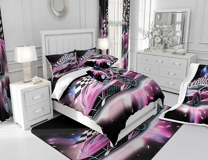 Pink Race Car Bedding Set King Size,Racing Flag Black White Lattice Duvet Cover with 2 Pillowcases,Extreme Sport Game Comforter Cover for Kids Youths Boys Girls Room Decor,Modern Quilt Cover - LeafyLoom