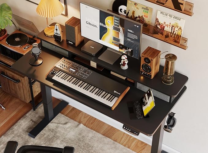 BANTI 48x24 Inch Electric Standing Desk with Double Drawers, Adjustable Height Stand Up Desk, Sit Stand Home Office Desk with Storage Shelf, Black Top - LeafyLoom