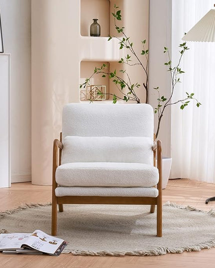 Bonnlo Teddy Fleece White Accent Chairs Set of 2, Upholstered Mid Century Modern Lounge Chairs Reading Chairs Side Sitting Chair Solid Wood Farmhouse Armchairs for Living Room, Bedroom, Guest Room - LeafyLoom