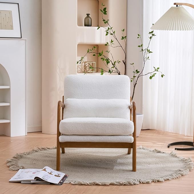 Bonnlo Teddy Fleece White Accent Chairs Set of 2, Upholstered Mid Century Modern Lounge Chairs Reading Chairs Side Sitting Chair Solid Wood Farmhouse Armchairs for Living Room, Bedroom, Guest Room - LeafyLoom