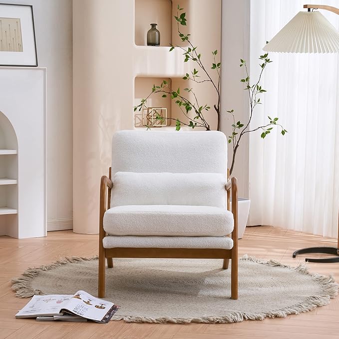 Bonnlo Teddy Fleece White Mid Century Modern Accent Chair, Soild Wood Padding Lounge Armchairs Side Sitting Chairs for Living Room, Bedroom, Guest Room - LeafyLoom