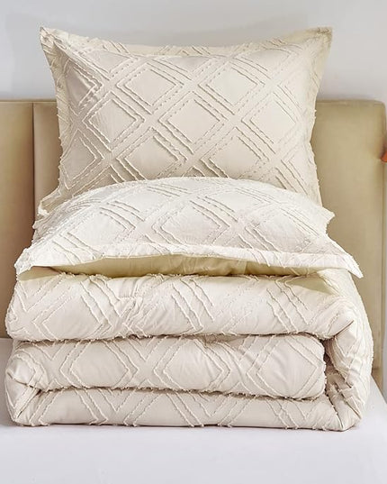 7 Pieces Tufted Bed in a Bag King Comforter Set with Sheets Beige, Soft and Embroidery Shabby Chic Boho Bohemian, Luxury Solid Color with Diamond Pattern, Jacquard Tufts Bedding Set for All Season - LeafyLoom