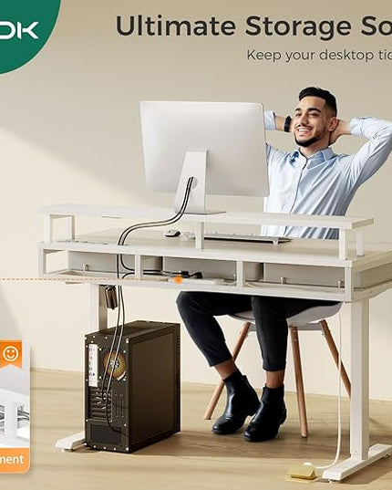 AODK 47 Inch Electric Standing Desk with 3 Drawers, White, Height Adjustable Desk with Power Outlets & LED Lights, Stand Up Desk with Monitor Shelf, Sit Stand Desk Computer Workstation - LeafyLoom