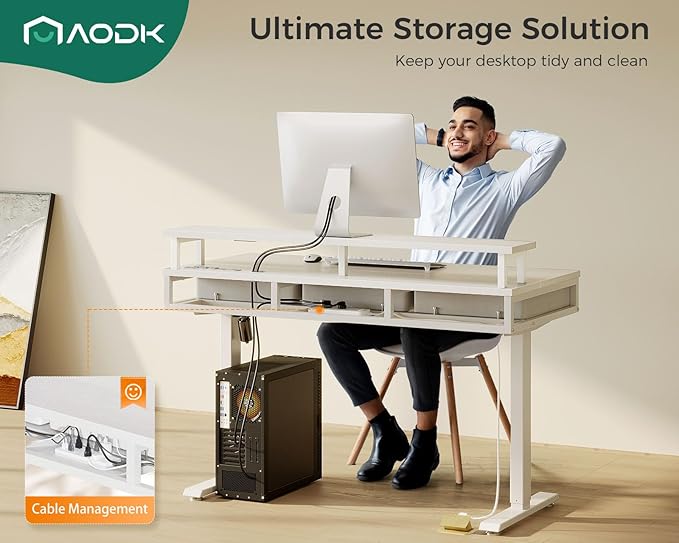 AODK 47 Inch Electric Standing Desk with 3 Drawers, White, Height Adjustable Desk with Power Outlets & LED Lights, Stand Up Desk with Monitor Shelf, Sit Stand Desk Computer Workstation - LeafyLoom