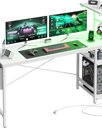 Bestier Gaming Desk with Power Outlets, 61 Inch Large Led Gamer Desk with 4 Tiers Reversible Shelves, PC Gaming Table with Headset Hook & Side Storage Bag for Bedroom (White 3D Carbon Fiber) - LeafyLoom
