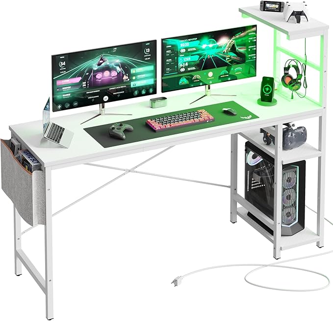 Bestier Gaming Desk with Power Outlets, 61 Inch Large Led Gamer Desk with 4 Tiers Reversible Shelves, PC Gaming Table with Headset Hook & Side Storage Bag for Bedroom (White 3D Carbon Fiber) - LeafyLoom