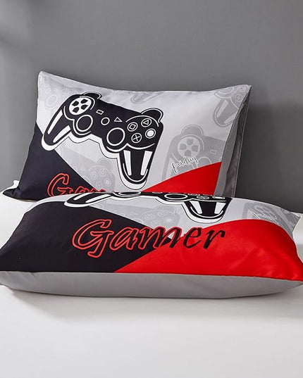 Gaming Comforter Sets for Kids Teen Boys,Video Games Controller Pattern Bedding Set for Room Decor, Queen Size 3-Piece Reddish Black Gamer Comforter with Pillowcase,All Season(Red,Queen) - LeafyLoom