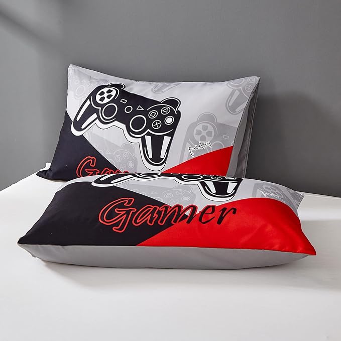 Gaming Comforter Sets for Kids Teen Boys,Video Games Controller Pattern Bedding Set for Room Decor, Queen Size 3-Piece Reddish Black Gamer Comforter with Pillowcase,All Season(Red,Queen) - LeafyLoom