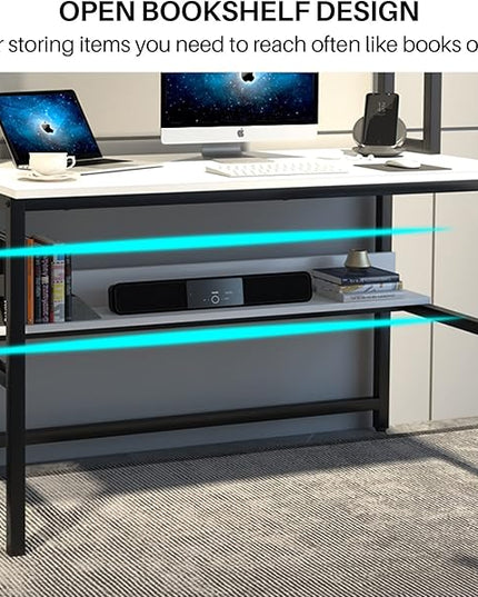 Aquzee Computer Desk, Easy Assembly Gaming Table with Hutch and Shelves, 4 Tiers Desk with Large Wood Desktop, Metal Legs, Ideal for Storage Study Work Writing Homework, White, 55Wx65Hx23.6D Inches - LeafyLoom
