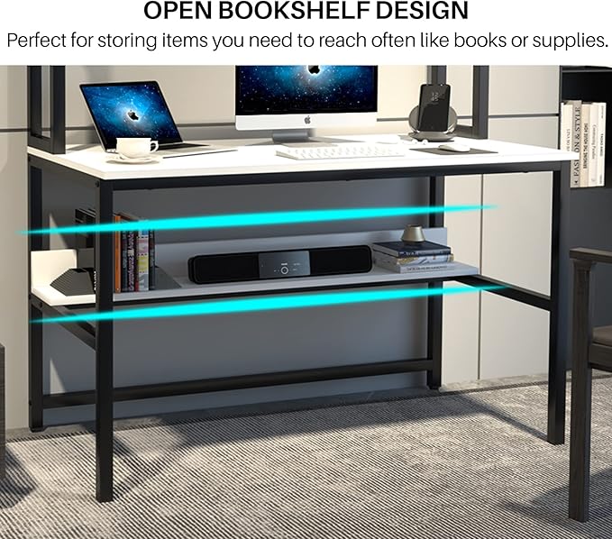 Aquzee Computer Desk, Easy Assembly Gaming Table with Hutch and Shelves, 4 Tiers Desk with Large Wood Desktop, Metal Legs, Ideal for Storage Study Work Writing Homework, White, 55Wx65Hx23.6D Inches - LeafyLoom