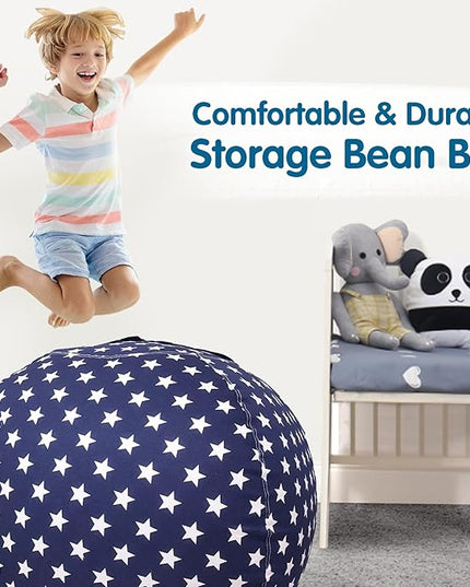 Lukeight Stuffed Animal Storage Bean Bag Chair Cover for Kids, Zipper Beanbag Chair Cover for Organizing Toddler & Kids' Rooms Plush Toys (Stars Navy, Large) - LeafyLoom