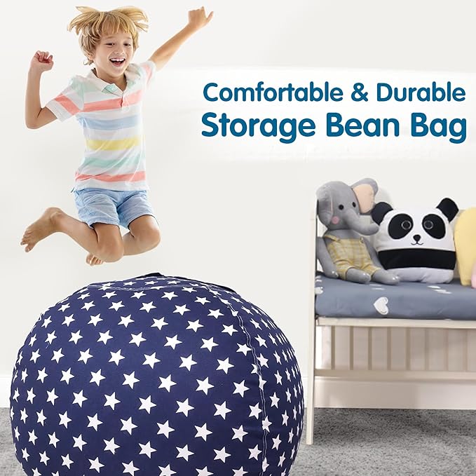 Lukeight Stuffed Animal Storage Bean Bag Chair Cover for Kids, Zipper Beanbag Chair Cover for Organizing Toddler & Kids' Rooms Plush Toys (Stars Navy, Large) - LeafyLoom