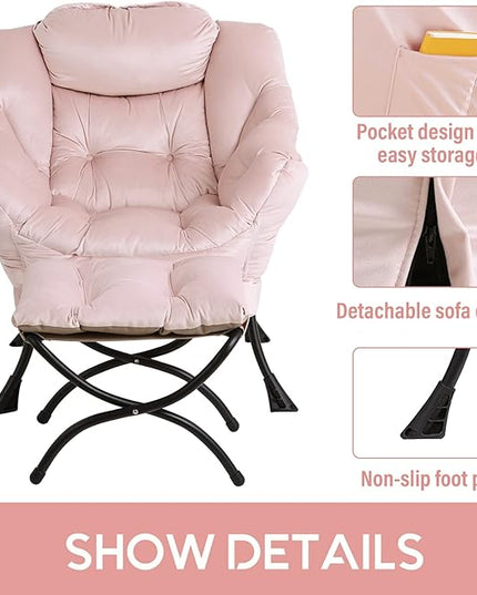 LITA Lazy Chair with Ottoman, Modern Accent Leisure Upholstered Sofa Chair, Contemporary Lounge Reading Chair with Armrests and a Side Pocket for Living Room, Bedroom & Small Space, Pink - LeafyLoom