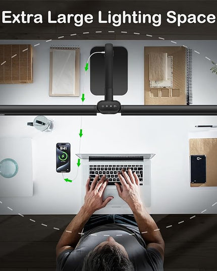 Desk Lamp with USB Charging Port for Home Office 24w Architect Remote Base Dual Task Led Light Modern 5 Color Modes Dimmable Adjustable Gooseneck Double Head Reading Drafting Eye Caring Tall Lamps - LeafyLoom